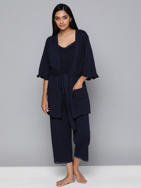 

Chemistry Women 3 Pc Navy Blue Solid Lace Night Suit Set
