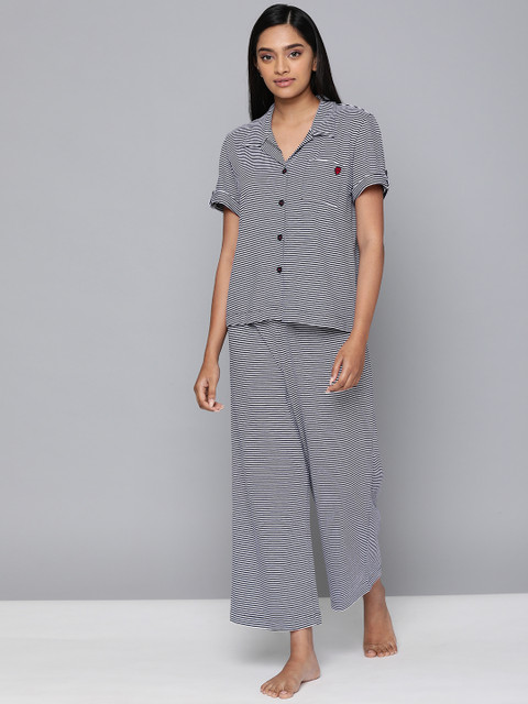 

Chemistry Women 2 Pc Navy Blue & White Striped Night Suit Set