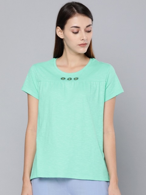 

Chemistry Women Sea Green Solid Knitted Lounge T-shirt