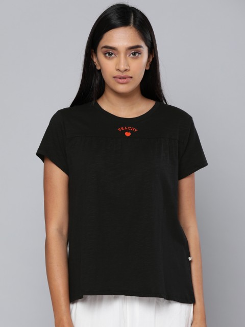 

Chemistry Women Black Solid Knitted Lounge T-shirt with Embroidery