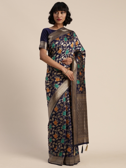 

Mitera Navy Blue & Gold-Toned Silk Blend Woven Design Banarasi Saree