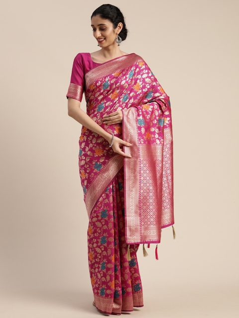 

Mitera Pink & Gold-Toned Silk Blend Woven Design Banarasi Saree