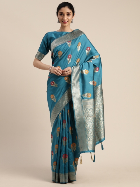 

Mitera Teal Blue & Golden Silk Blend Woven Design Banarasi Saree