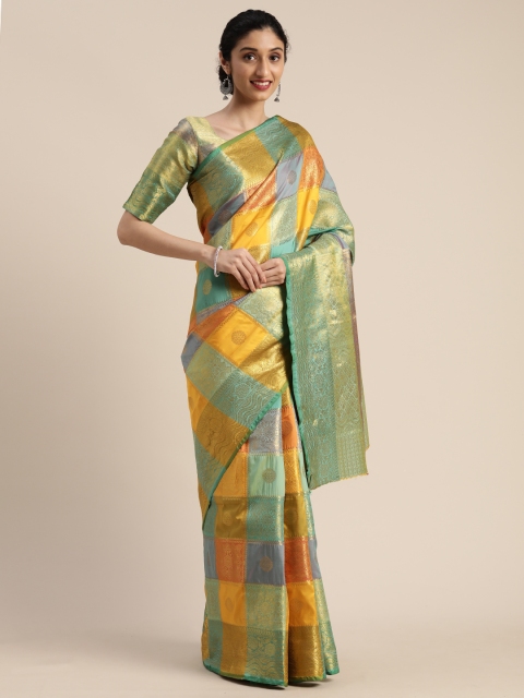 

Mitera Yellow & Blue Silk Blend Woven Design Kanjeevaram Saree