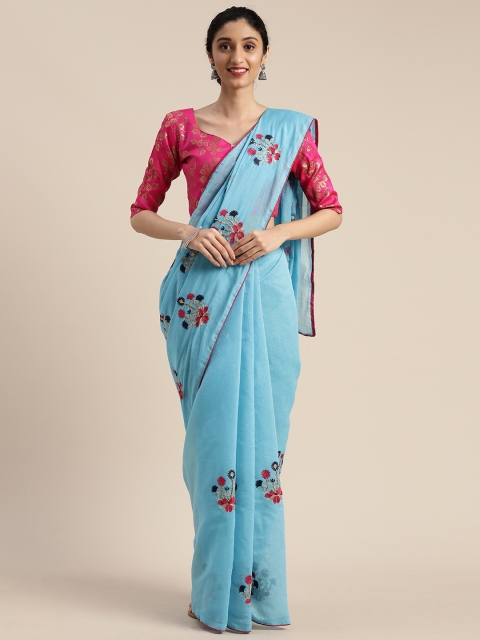 

Mitera Blue & Pink Cotton Blend Embroidered Chanderi Saree