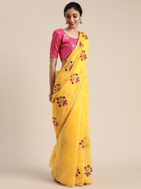 

Mitera Yellow Cotton Blend Embroidered Kanjeevaram Saree