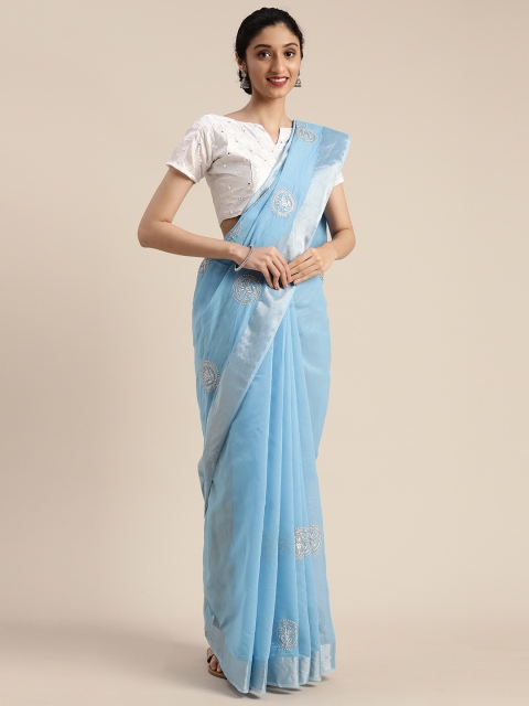 

Mitera Blue Poly Silk Embroidered Kanjeevaram Saree