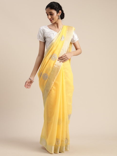 

Mitera Yellow Poly Silk Embroidered Kanjeevaram Saree