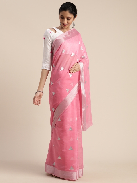 

Mitera Pink & Silver-Toned Poly Silk Embroidered Kanjeevaram Saree