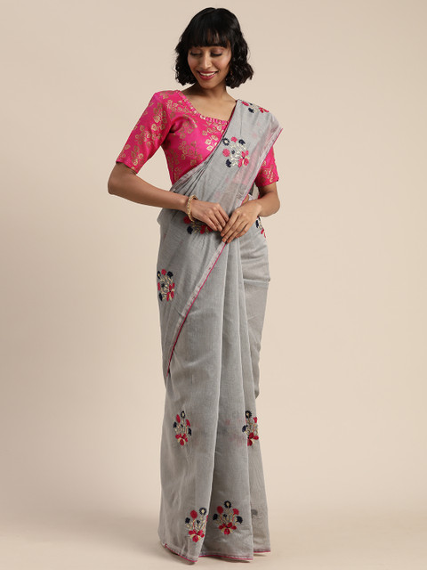 

Mitera Grey Cotton Blend Embroidered Kanjeevaram Saree