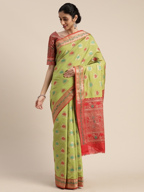 

Mitera Lime Green & Gold-Toned Silk Blend Woven Design Kanjeevaram Saree