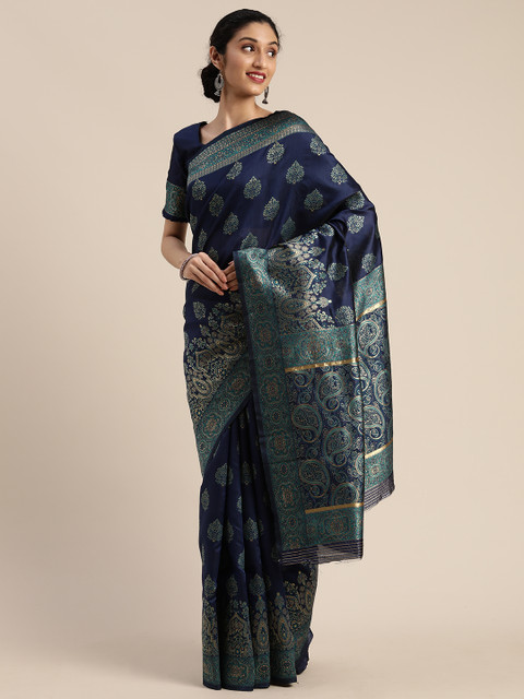 

Mitera Blue & Green Silk Blend Woven Design Kanjeevaram Saree