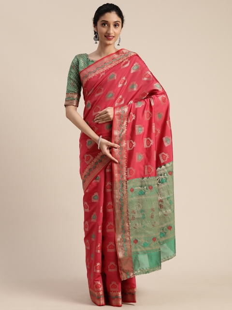 

Mitera Coral Pink & Gold-Toned Silk Blend Woven Design Kanjeevaram Saree