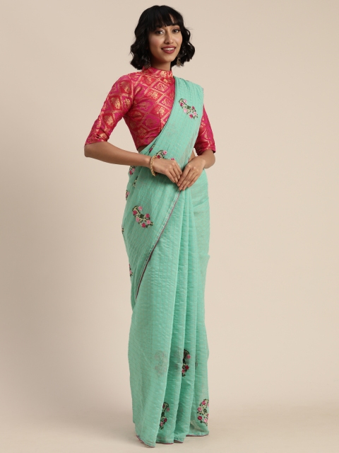 

Mitera Sea Green Embroidered Cotton Blend Saree