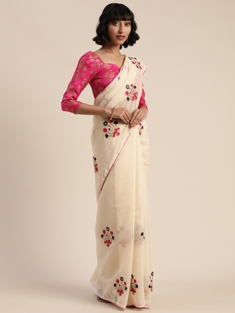 

Mitera Beige Cotton Blend Embroidered Kanjeevaram Saree