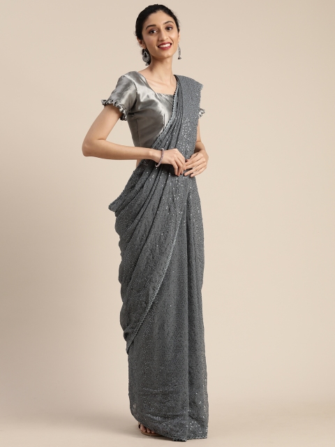 

Mitera Grey Poly Georgette Embroidered Kanjeevaram Saree