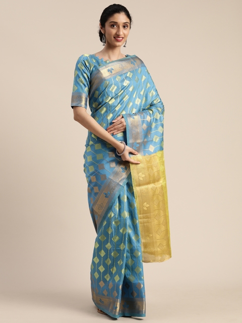 

Mitera Blue & Green Silk Blend Woven Design Kanjeevaram Saree