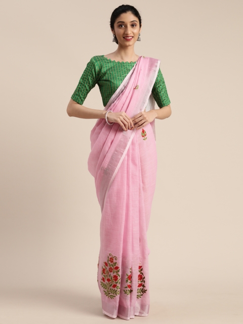 

Mitera Pink & Red Linen Blend Embroidered Kanjeevaram Saree
