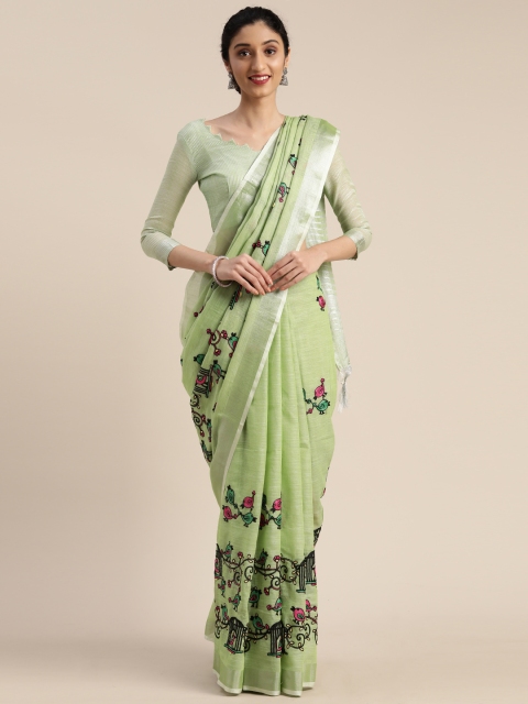 

KALINI Green Linen Blend Embroidered Kanjeevaram Saree
