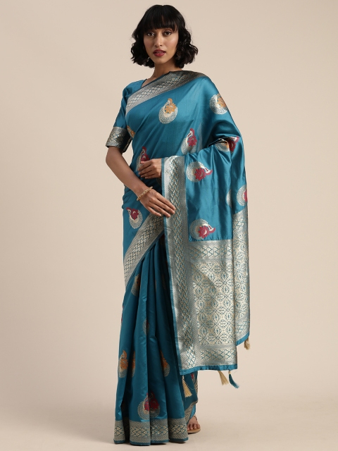 

Mitera Teal Blue & Silver-Toned Silk Blend Woven Design Banarasi Saree