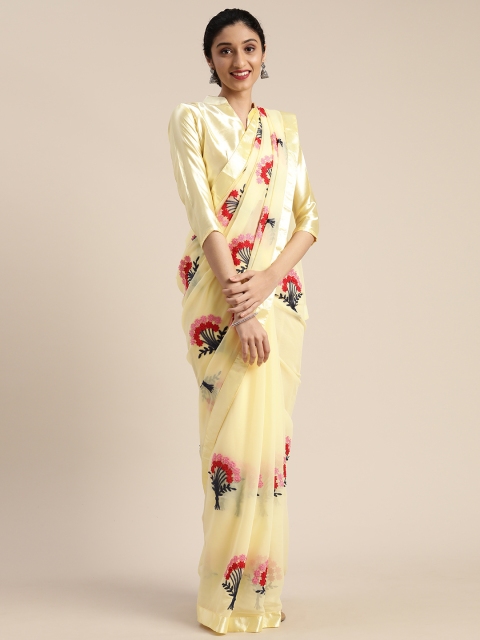 

Mitera Beige & Red Poly Chiffon Embroidered Saree