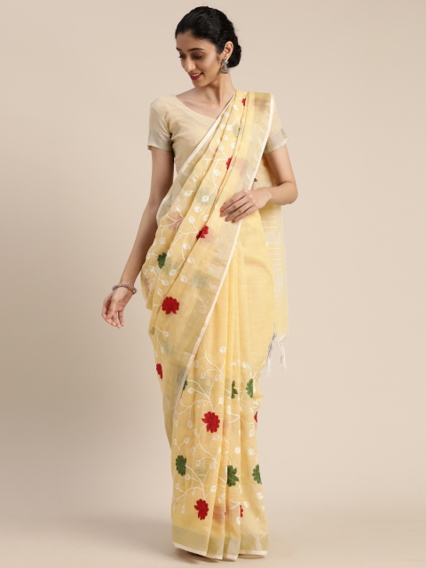 

Mitera Beige & Red Linen Blend Embroidered Saree