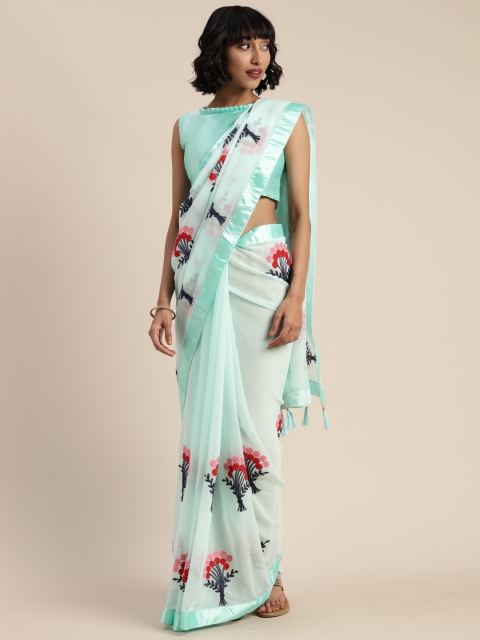 

Mitera Turquoise Blue & Red Poly Chiffon Embroidered Saree