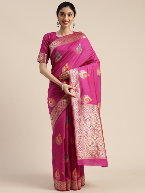 

Mitera Pink & Gold-Toned Silk Blend Woven Design Banarasi Saree