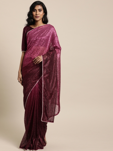 

Mitera Pink & Burgundy Net Woven Design Embellished Saree