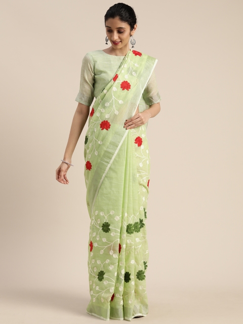 

KALINI Green & White Linen Blend Embroidered Saree