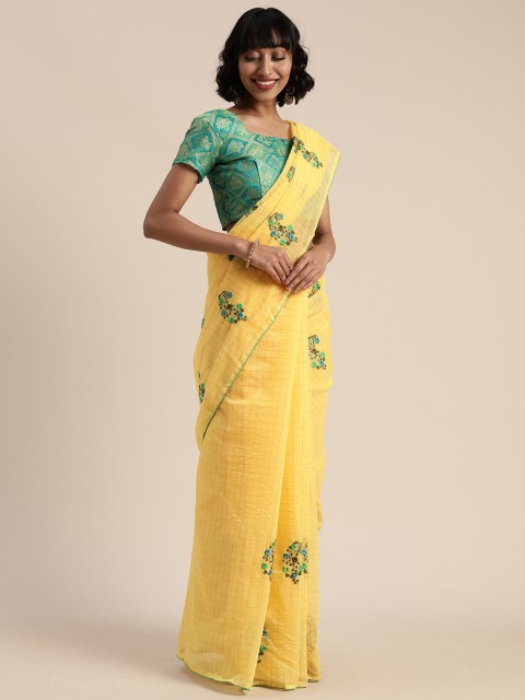

Mitera Yellow Cotton Blend Checked Embroidered Saree