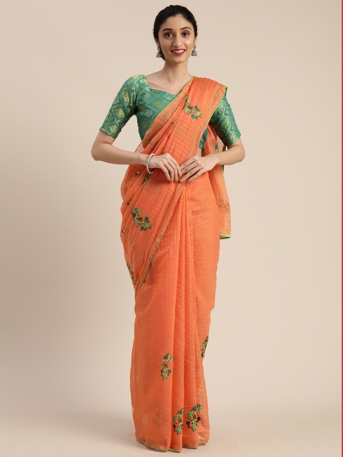 

Mitera Orange Cotton Blend Checked Embroidered Saree