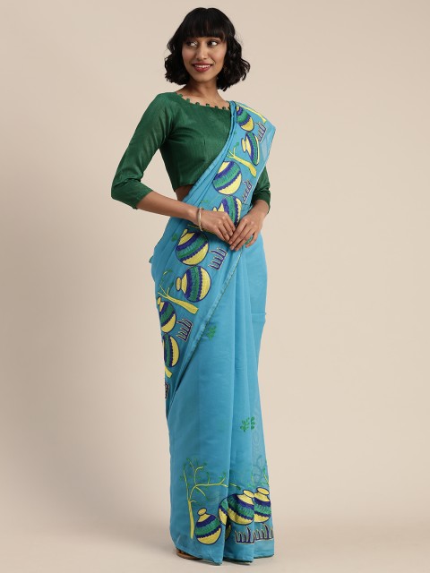 

Mitera Blue & Green Cotton Blend Embroidered Saree