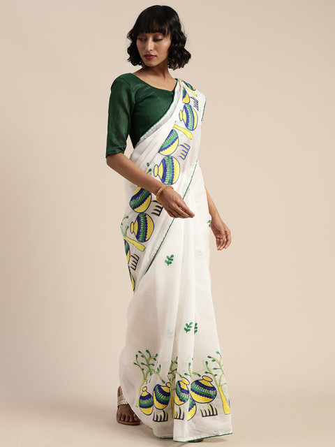 

Mitera White Cotton Blend Embroidered Saree