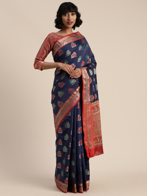 

Mitera Navy Blue & Red Silk Blend Woven Design Kanjeevaram Saree