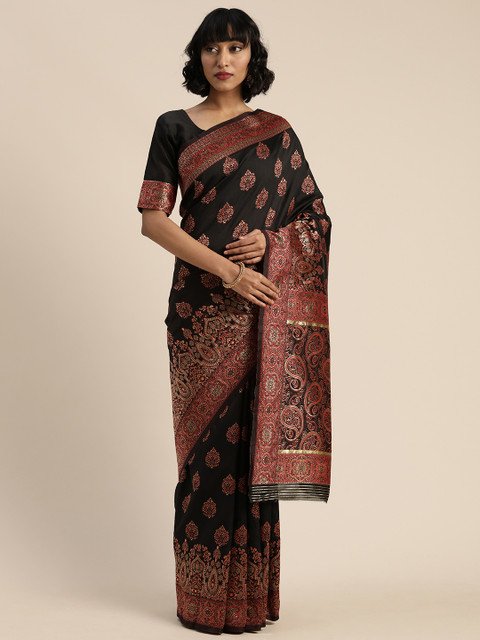 

Mitera Black & Red Silk Blend Woven Design Kanjeevaram Saree