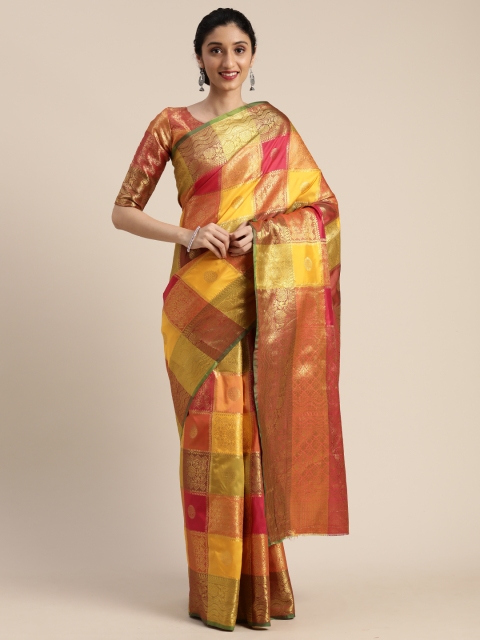 

Mitera Maroon & Yellow Silk Blend Checked Kanjeevaram Saree