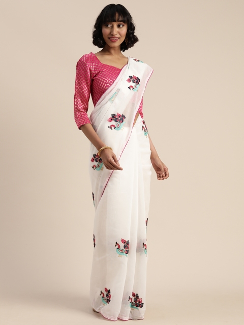 

Mitera White Cotton Blend Embroidered Kanjeevaram Saree
