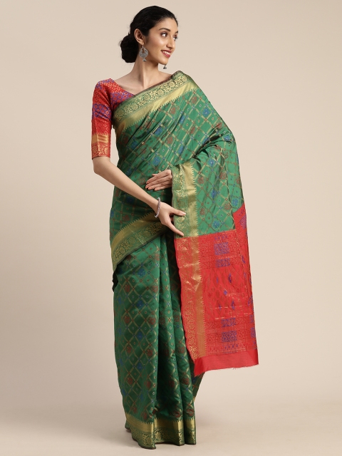 

Mitera Green & Red Silk Blend Woven Design Kanjeevaram Saree