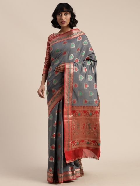 

Mitera Grey & Red Silk Blend Woven Design Kanjeevaram Saree