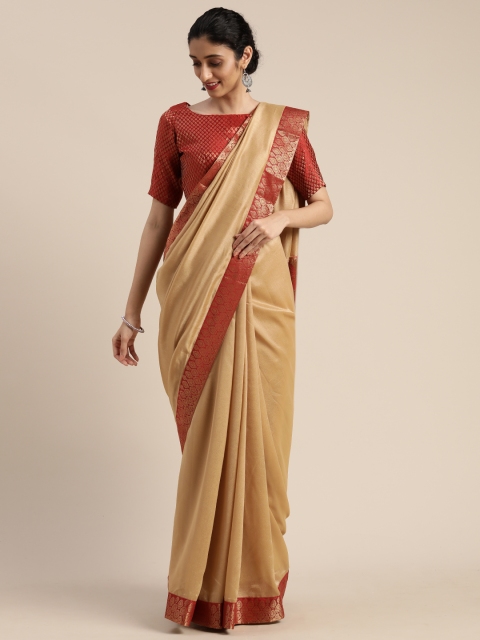 

Mitera Beige Silk Blend Solid Kanjeevaram Saree