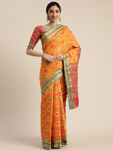 

Mitera Mustard Yellow & Gold-Toned Silk Blend Woven Design Kanjeevaram Saree