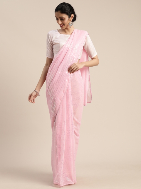 

Mitera Pink Poly Georgette Embroidered Kanjeevaram Saree