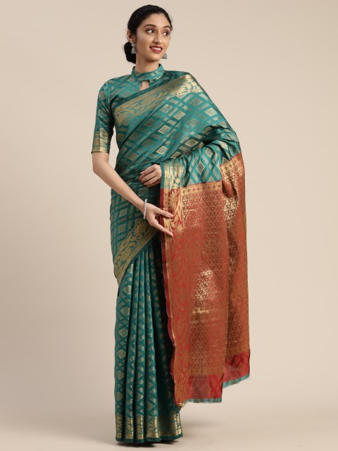 

Mitera Teal Green & Golden Silk Blend Woven Design Kanjeevaram Saree