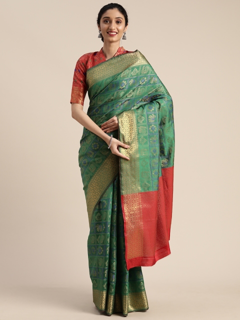 

Mitera Green & Golden Silk Blend Woven Design Kanjeevaram Saree