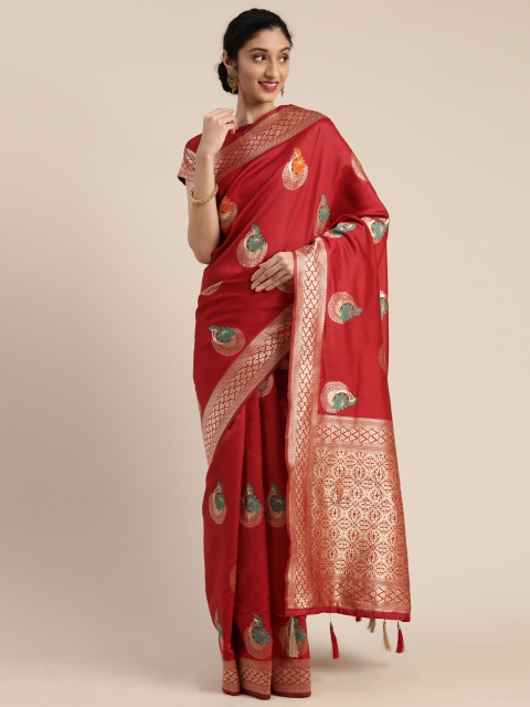 

Mitera Red & Gold-Toned Silk Blend Woven Design Banarasi Saree