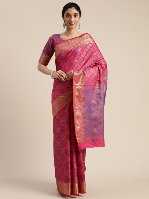 

Mitera Pink & Navy Blue Silk Blend Woven Design Kanjeevaram Saree