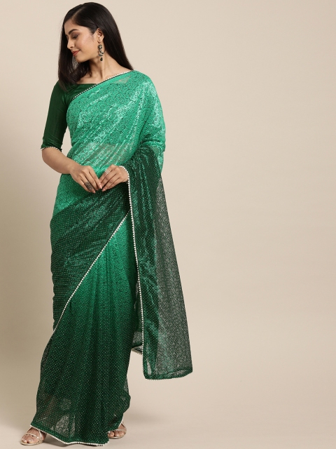 

Mitera Green Net Woven Design Embellished Saree