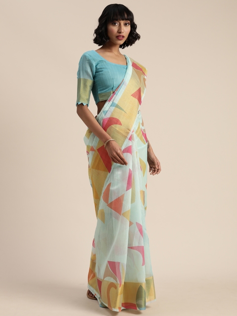 

Mitera Blue & Pink Linen Blend Printed Kanjeevaram Saree