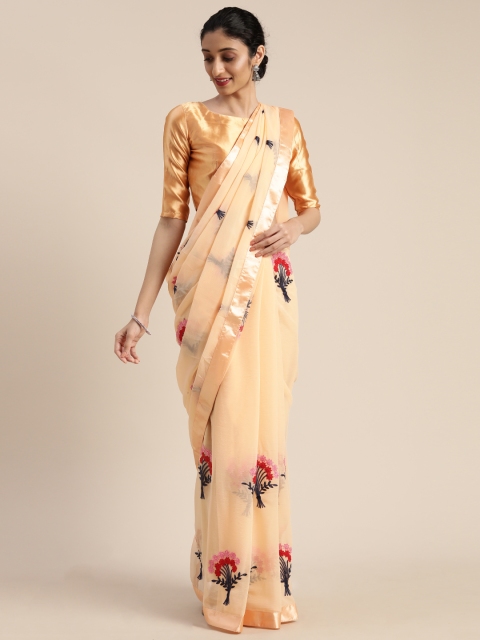 

Mitera Peach-Coloured & Red Poly Chiffon Embroidered Saree